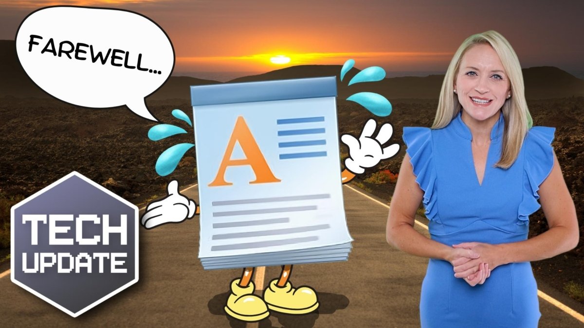 Farewell illustration of WordPad with a cartoon document character and a woman in a blue dress, captioned "TECH UPDATE," symbolizing the discontinuation of Microsoft's text editing tool.