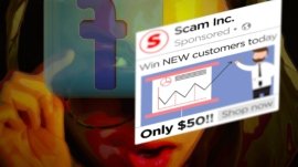 Analyzing a Facebook ad for authenticity on a computer screen.