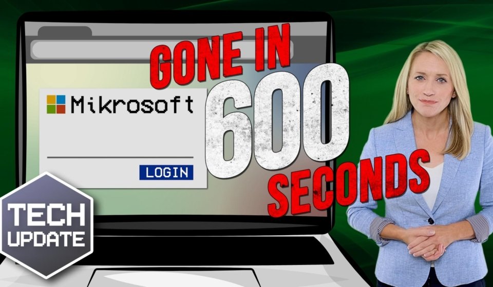 Laptop screen displaying "Mikrosfot" login page with text "GONE IN 600 SECONDS" and presenter discussing tech updates.