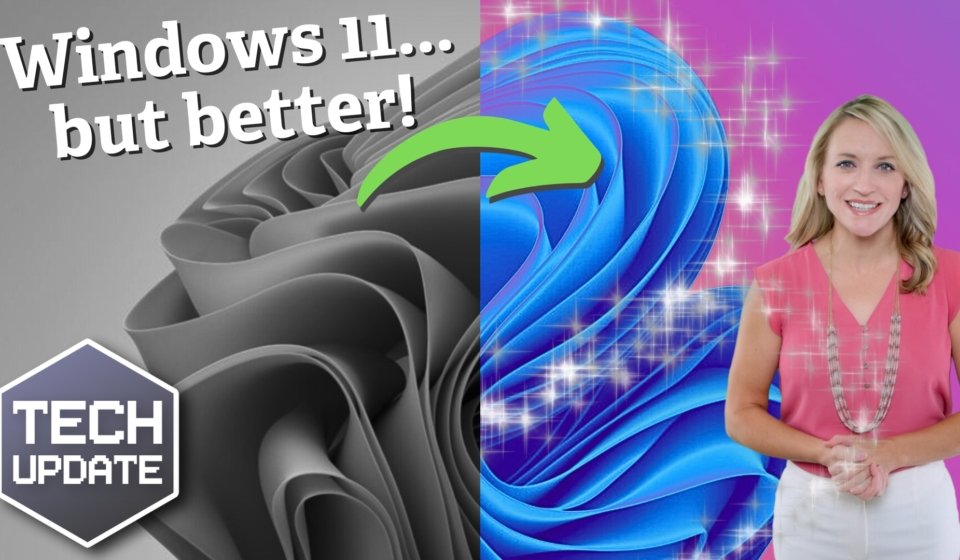 Windows 11 logo transformation with vibrant graphics and a smiling woman presenting tech updates.
