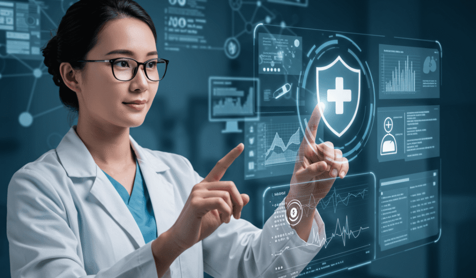 Healthcare professional interacting with digital health data and security interface, emphasizing IT support for medical practices and HIPAA compliance.
