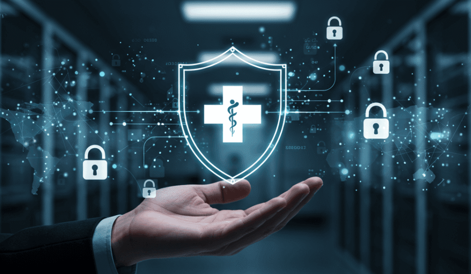 Hand holding a digital shield with a medical cross and lock icons, symbolizing HIPAA compliance and cybersecurity in healthcare IT support.