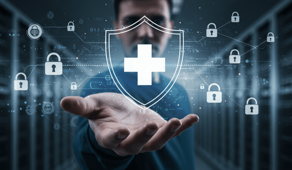 Person presenting a digital shield with a medical cross symbol, surrounded by security locks and data graphics, emphasizing HIPAA compliance in healthcare IT support.