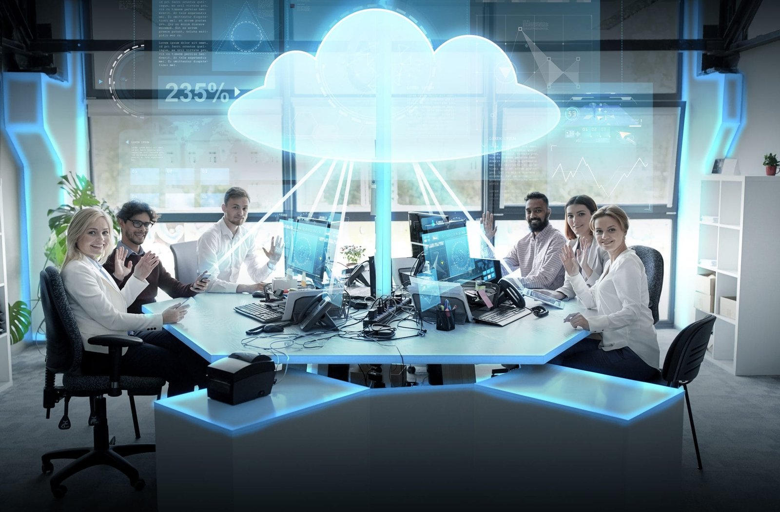 Stylized cloud network with data flowing to various devices, representing cloud computing and business efficiency.