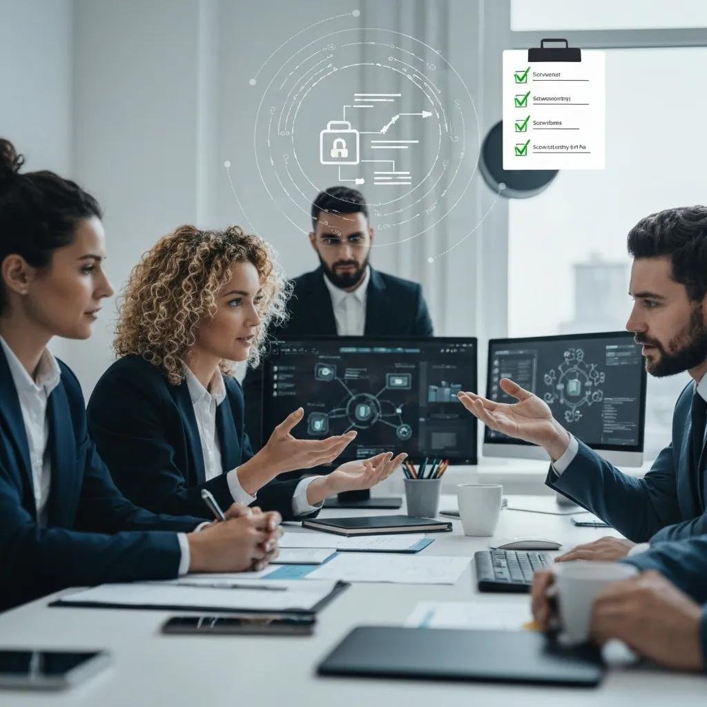 IT professionals collaborating on a cybersecurity plan to mitigate port forwarding risks