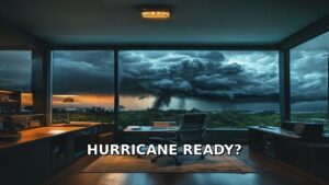 Central Florida small business office with hurricane storm clouds approaching — IT disaster preparedness