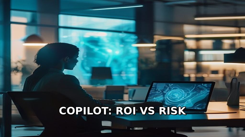 Modern office with Microsoft Copilot AI interface glowing on laptop — SMB productivity and risk 2026