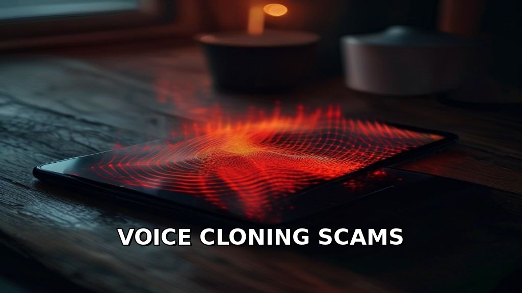 Smartphone with ominous red sound wave visualization — voice cloning AI scam targeting small business